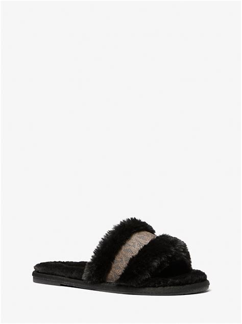 michael kors logo perforated metallic slide|Alexis Faux Fur and Metallic Signature Logo Slide Sandal.